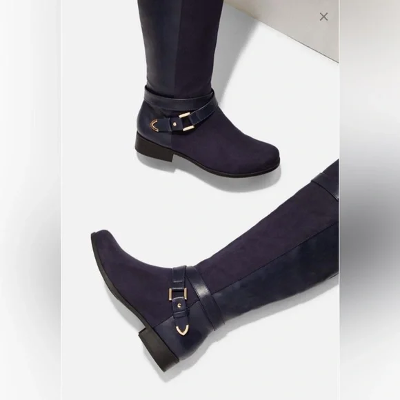 JustFab Hollie Navy Blue Knee-High Flat Boots Faux Suede Gold Buckle Women’s - Picture 3 of 10